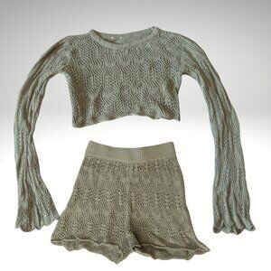 Green Knit Crochet Matching Set XS – Bell Sleeve Crop Top + Shorts